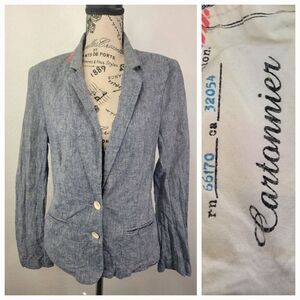 Anthropologie Cartonnier Blazer Womens SZ 4 Blue Chambray Linen Cotton